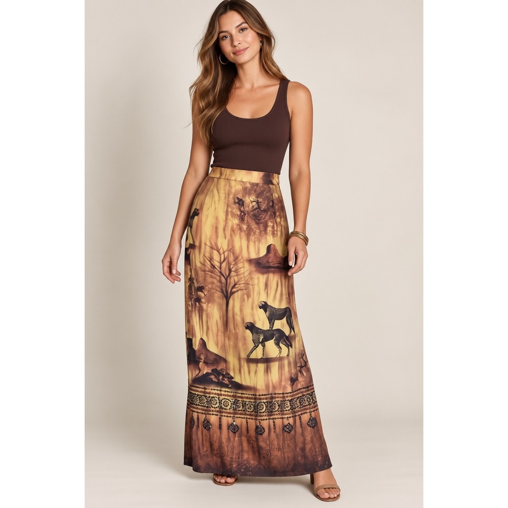 Silk Club Collection 100% Silk Safari Cheetah Print Sequin Maxi Skirt Brown 4 XS